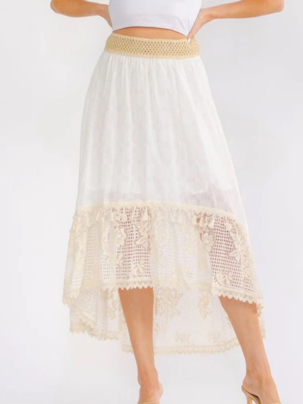 Boho womans NWT Lace-Trim High-Low Skirt in Cream Size S/M/L